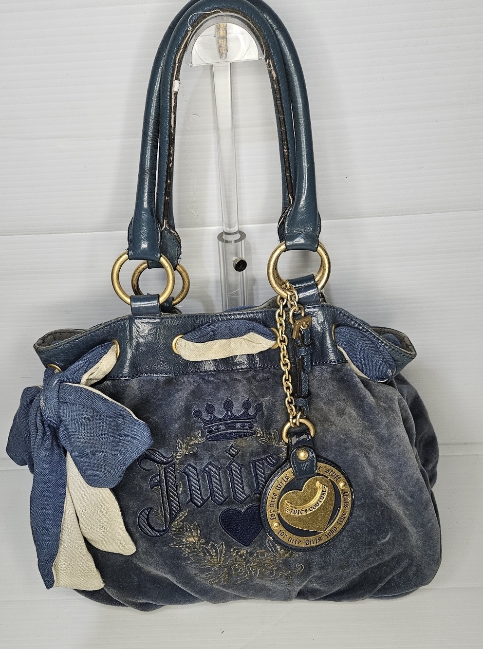 Vintage Juicy Couture Daydreamer Blue Velour Tote Y2K Shoulder Bag Logo